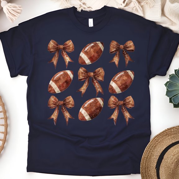 Football and Bow T-Shirt | Cute Game Day Brown Aesthetic Fall Tee, Navy, Size S