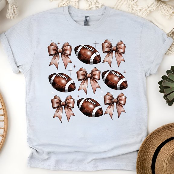 Football and Bows Shirt | Cute Brown Bow Pattern Game Day Tee, Ash, Size 2XL