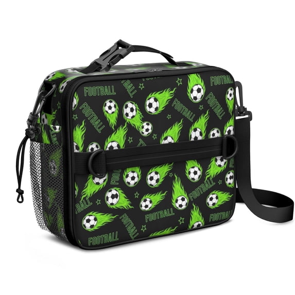 Football and Flame Black Pattern Bento School Insulated Lunch Bag Box with Shoulder Strap and Bottle Holder, 11" X 9.5" X 3.5"