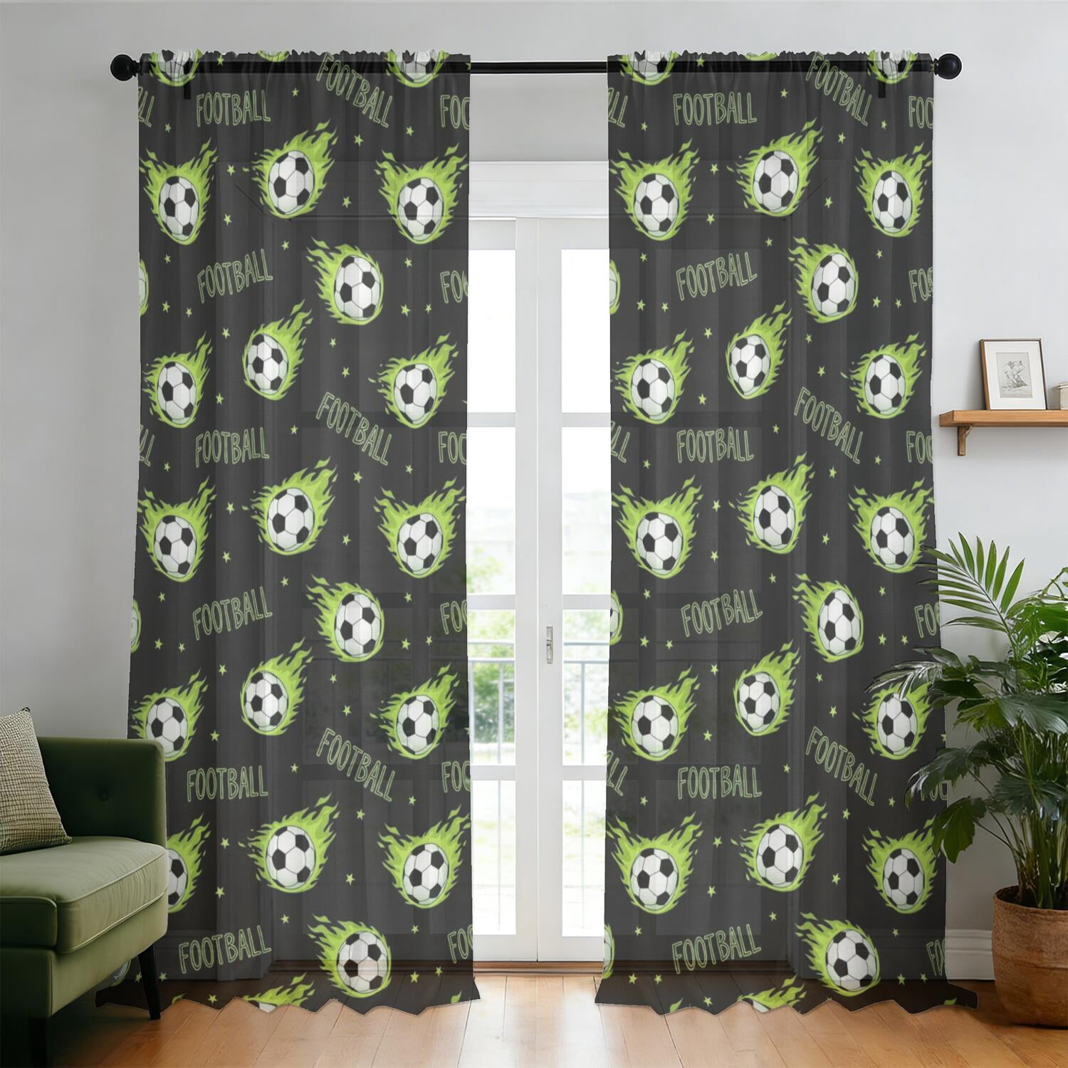 Pattern Colthings Football and Flame Black Pattern Sheer Curtains, Voile Drapes with Dual ...