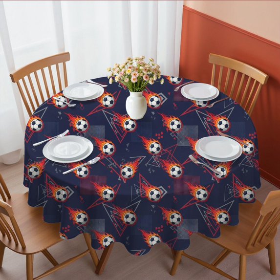 Football and Flame Navy Pattern Round Tablecloth 70"x70", Wrinkle Resistant Wipeable Table Cover for Kitchen Dining Room Picnic Patio and Party