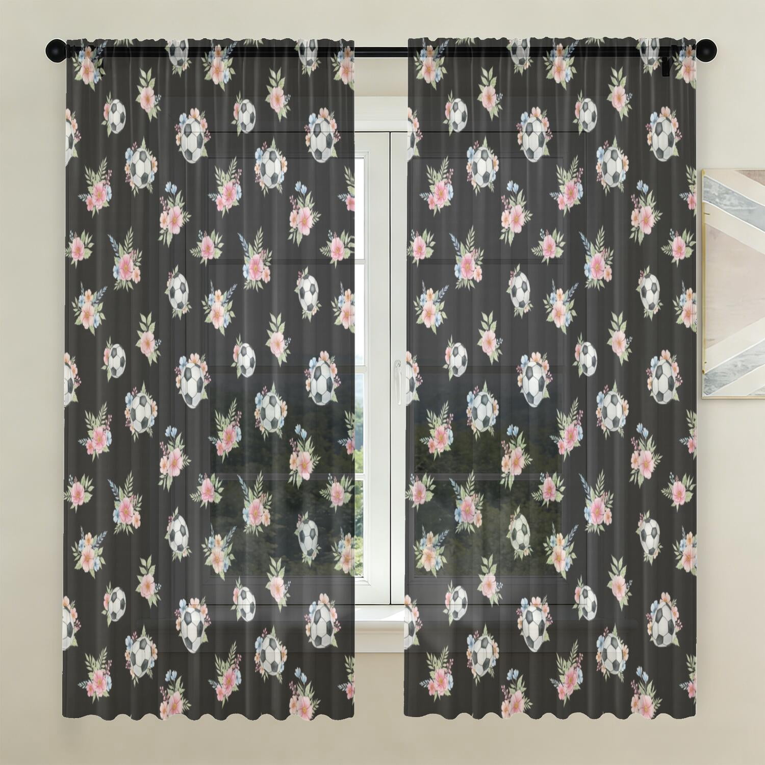 Pattern Colthings Football and Flower Black Pattern Sheer Curtains, Sheer Window Panels ...