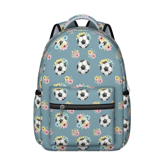 Football and Flower Slateblue Pattern Backpack for School, Cute School Bag with Adjustable Shoulder Straps and Padded Back, 15.3"x11"x7.1"