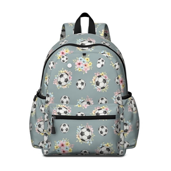 Football and Flower Slateblue Pattern Cute School Backpack with Padded Back and Adjustable Shoulder Straps 13.4"x11"x4.7"