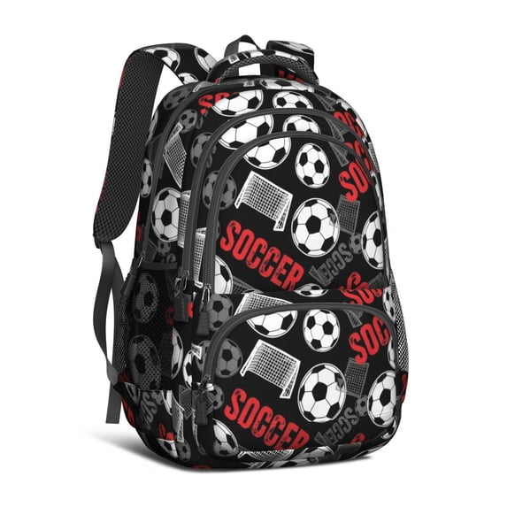 Football and Goal Black Pattern Backpack for School, Cute School Bag with Adjustable Shoulder Straps and Padded Back, 16.9"x12.6"x5.9"