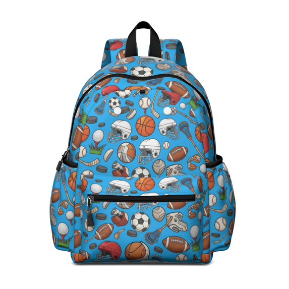Football and Golfball Blue Pattern Cute School Backpack with Padded Back and Adjustable Shoulder Straps 13.4"x11"x4.7"