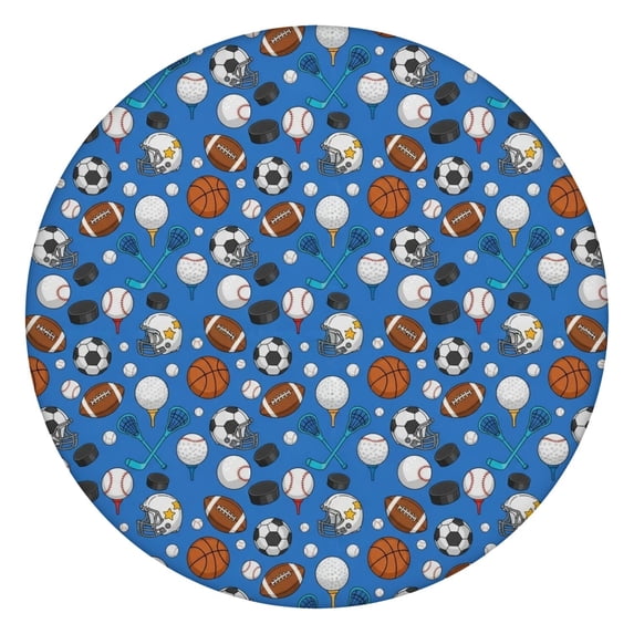 Football and Golfball Blue Pattern Round Fitted Tablecloth with Elastic Edge, Waterproof Dining Table Cover for Indoor Outdoor Camping and Daily Use