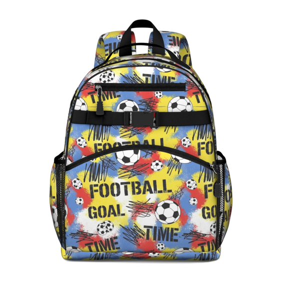 Football and Graffiti Yellow Pattern Cute School Backpack Bag for School with Padded Back and Adjustable Shoulder Straps 15.25"x11.5"x5.25"