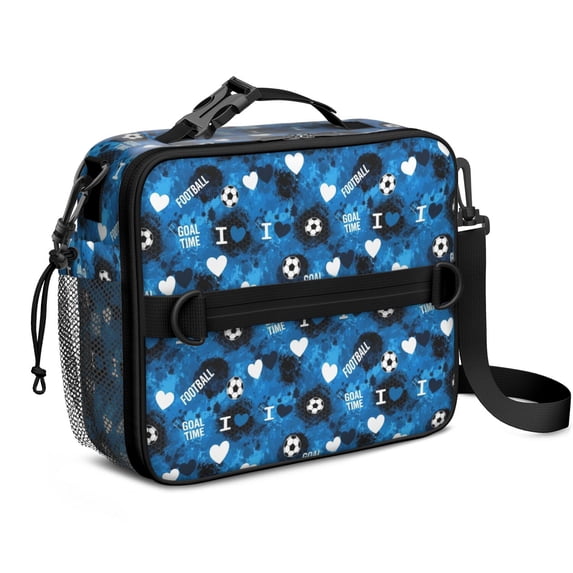 Football and Heart Brightblue Pattern Bento School Insulated Lunch Bag Box with Shoulder Strap and Bottle Holder, 11" X 9.5" X 3.5"