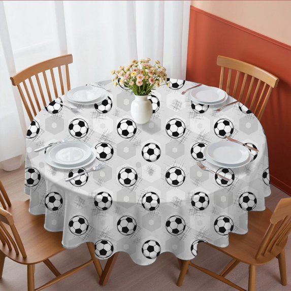 Football and Hexagon Gray Pattern Round Tablecloth 70"x70", Wrinkle Resistant Wipeable Table Cover for Kitchen Dining Room Picnic Patio and Party