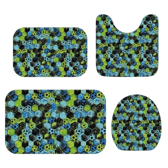 Green Solid Pattern Rug Football and Hexagon Green Pattern Bathroom Rug Set 4 Piece,Includes ...