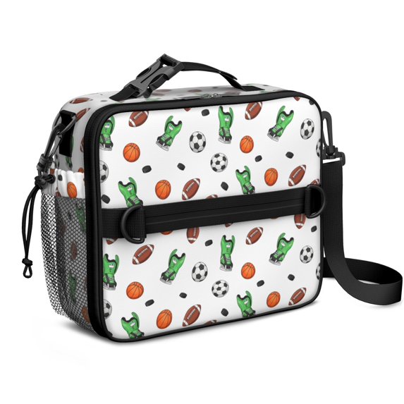 Football and Hockeyball White Pattern Bento School Insulated Lunch Bag Box with Shoulder Strap and Bottle Holder, 11" X 9.5" X 3.5"