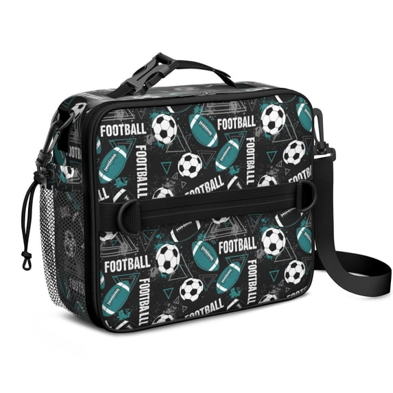Football and Rugby Black Pattern Bento School Insulated Lunch Bag Box with Shoulder Strap and Bottle Holder, 11" X 9.5" X 3.5"