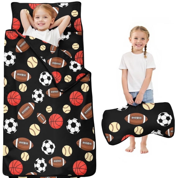 Football and Rugby Black Pattern Teens Toddler Nap Mat with Pillow, Sleeping Mat Bag for Preschool Daycare 50"x20"