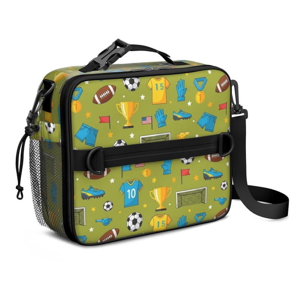 Football and Rugby Green Pattern Bento School Insulated Lunch Bag Box with Shoulder Strap and Bottle Holder, 11" X 9.5" X 3.5"