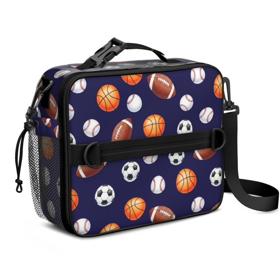 Football and Rugby Navy Pattern Bento School Insulated Lunch Bag Box with Shoulder Strap and Bottle Holder, 11" X 9.5" X 3.5"