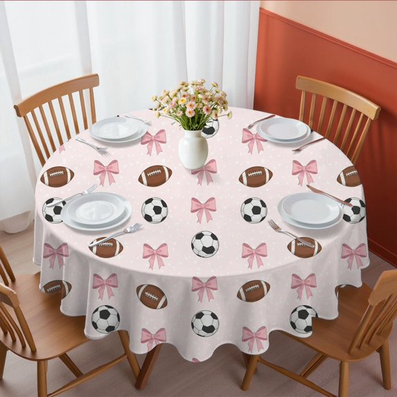 Football and Rugby Pink Pattern Round Tablecloth 70"x70", Wrinkle Resistant Wipeable Table Cover for Kitchen Dining Room Picnic Patio and Party