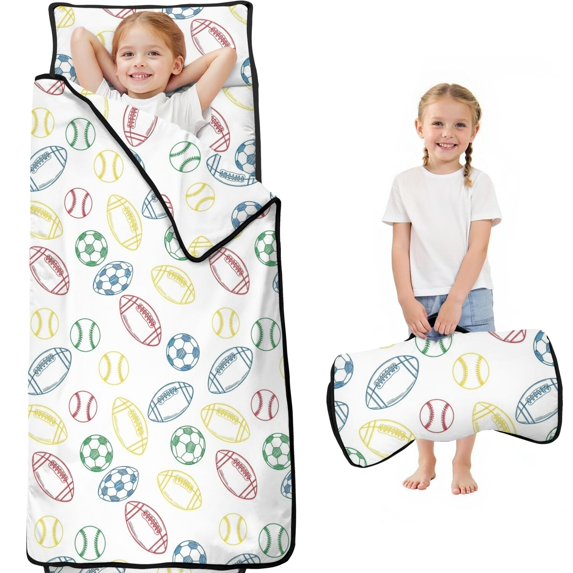 Football and Rugby White Pattern Teens Toddler Nap Mat with Pillow, Sleeping Mat Bag for Preschool Daycare 59"x22"