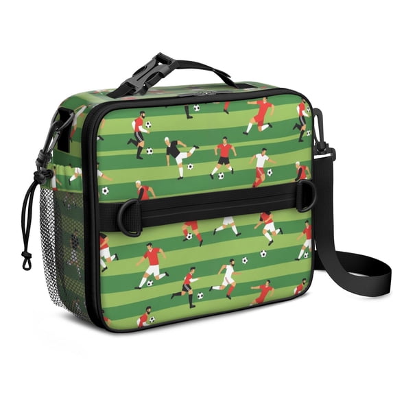 Football and Silhouette Green Pattern Insulated Lunch Bag with Shoulder Strap and Bottle Holder,Bento School Lunch Bag Box,11x9.5x3.5 Inches