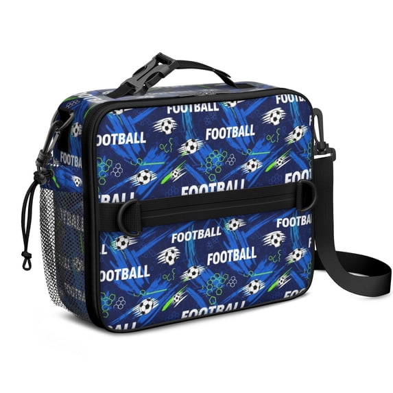 Football and Speedline Navy Pattern Bento School Insulated Lunch Bag Box with Shoulder Strap and Bottle Holder, 11" X 9.5" X 3.5"