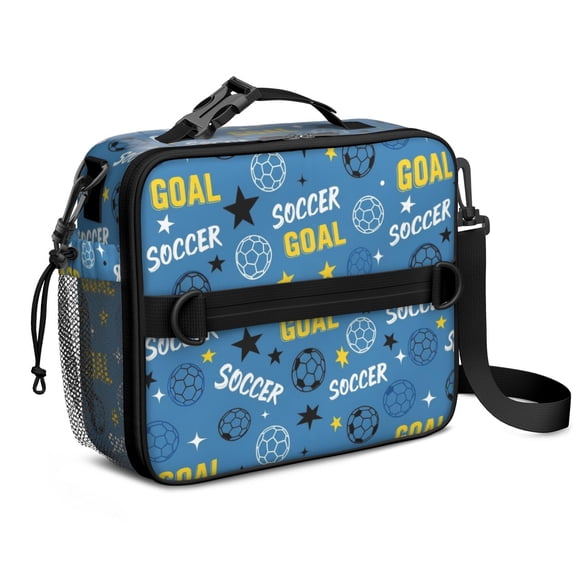 Football and Star Blue Pattern Insulated Lunch Bag with Shoulder Strap and Bottle Holder,Bento School Lunch Bag Box,11x9.5x3.5 Inches