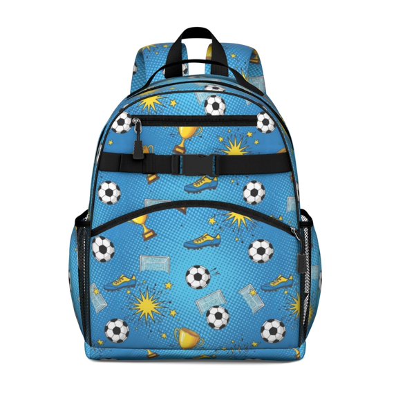 Football and Star Brightblue Pattern Cute School Backpack Bag for School with Padded Back and Adjustable Shoulder Straps 15.25"x11.5"x5.25"