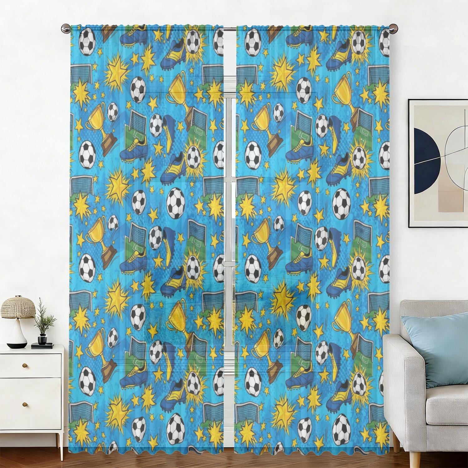 Football and Star Brightblue Pattern Sheer Curtains, Sheer Curtain ...