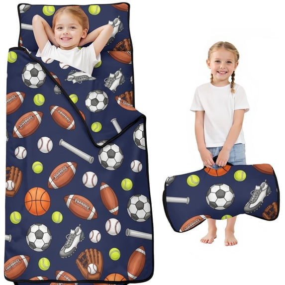 Football and Tennisball Navy Pattern Teens Toddler Nap Mat with Pillow, Sleeping Mat Bag for Preschool Daycare 50"x20"