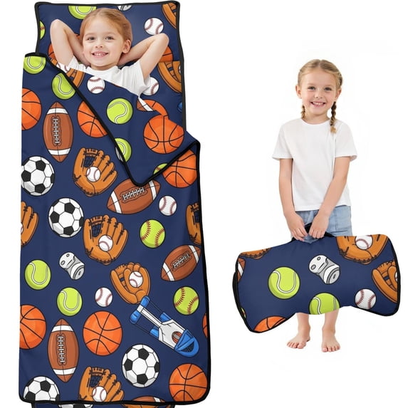 Football and Tennisball Navy Pattern Teens Toddler Nap Mat with Pillow, Sleeping Mat Bag for Preschool Daycare 59"x22"