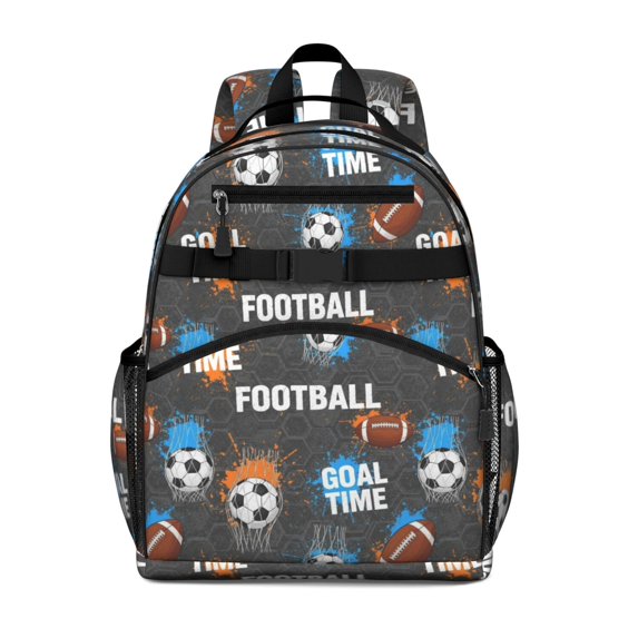 Football and Text Grey Pattern Cute School Backpack Bag for School with Padded Back and Adjustable Shoulder Straps 15.25"x11.5"x5.25"