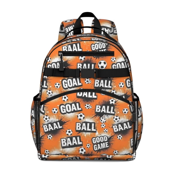 Football and Text Orange Pattern Cute School Backpack Bag for School with Padded Back and Adjustable Shoulder Straps 15.25"x11.5"x5.25"