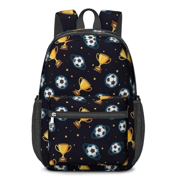 Football and Trophy Black Pattern 17" Waterproof Oxford School Backpacks for Teens, S-Shape Padded Straps, for School, Travel, Hiking, Camping