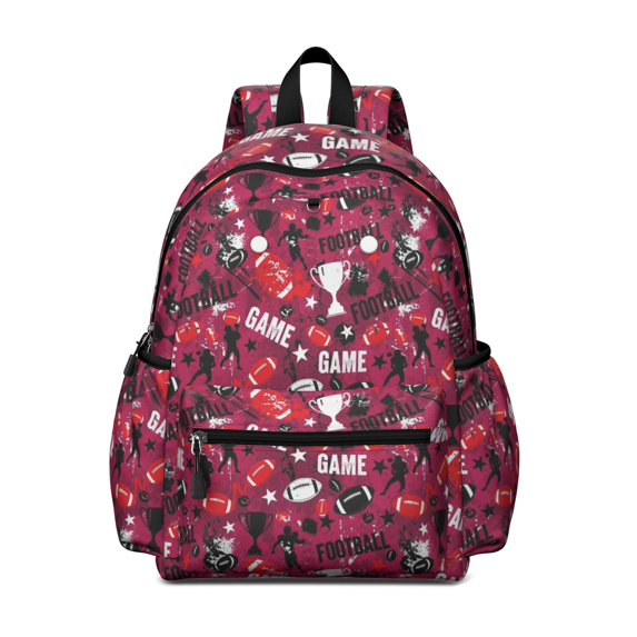 Football and Trophy Red Pattern Cute School Backpack with Padded Back and Adjustable Shoulder Straps 13.4"x11"x4.7"