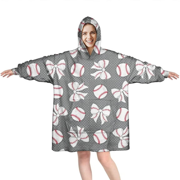 Footballs with Bows Pattern Wearable Oversized Blanket,Wearable Blanket Hoodie for Adults,Cozy Hooded Blankets with Super Pockets,Super Warm Fuzzy Pullover for Women & Men