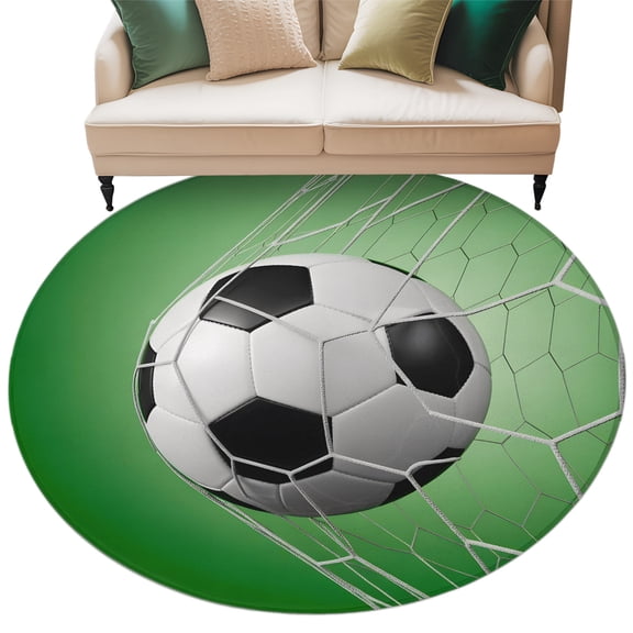 Footballs Goal Round Rug 8ft Washable Circle Rugs Non Slip Green Gradient Balls Sports Gaming Large Area Rug Indoor Floor Carpet for Bedroom Kitchen Living Room Home Office Dining Room Nursery