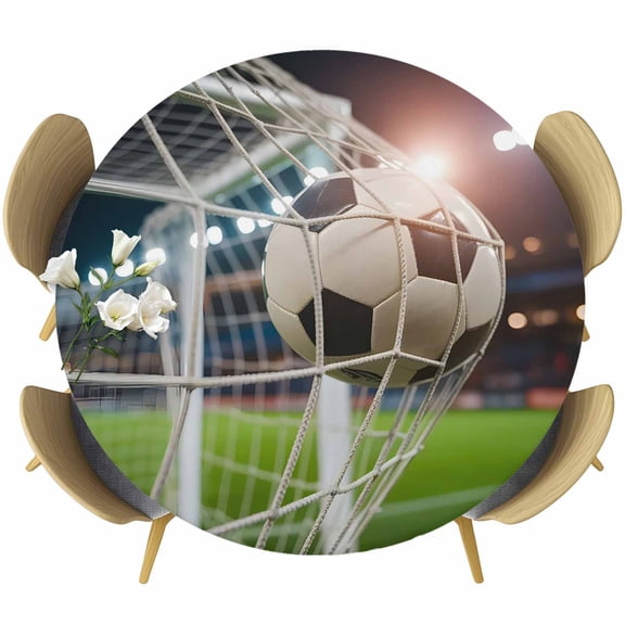 Footballs Goal Round Tablecloth 36-44 Inch Round Fitted Table Cloth with Elastic Edge, Balls Sports Gaming Stadium Lights Waterproof Table Cover Protector for Outdoor Picnic Party Dining