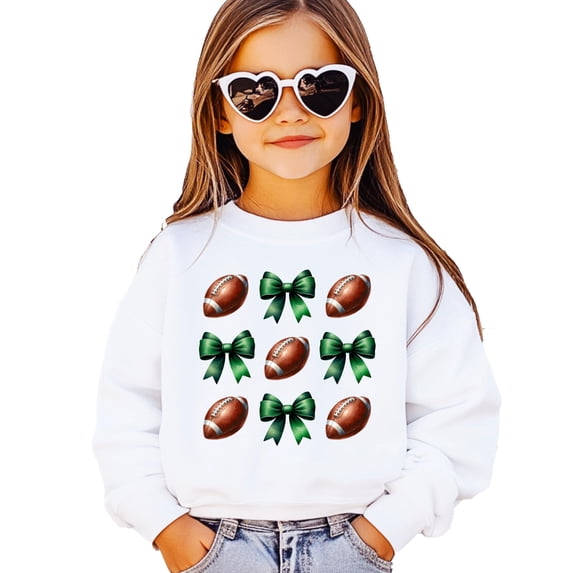Footballs & Green Bows Sweatshirt for Women, Teens & Kids School Football Team Spirit Sweater White Sweatshirt Youth Small