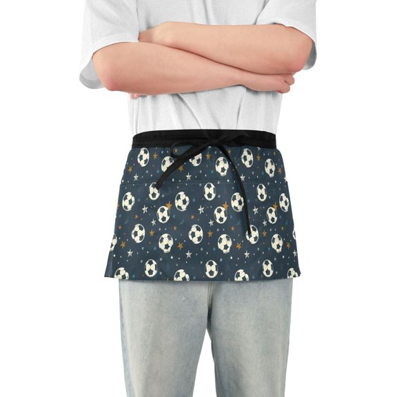 Footballs and Stars Server Apron with 3 Pockets Waterproof Waitress Waist Short Apron for Man Woman 12 Inches