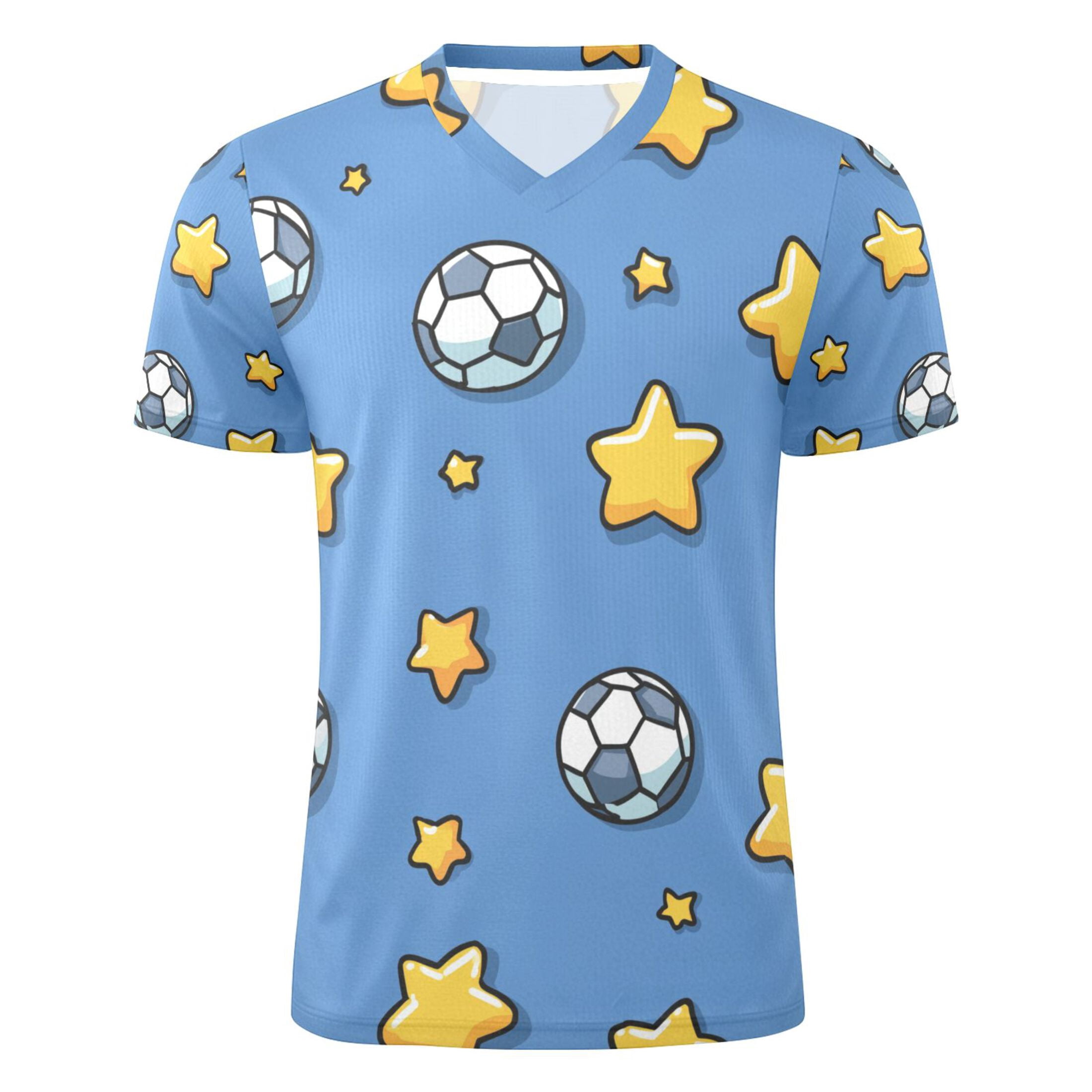 Footballs and Yellow Stars Cartoon Men's Sports Jerseys Athletic T-Shirt Football Referee Short Sleeves Shirt L