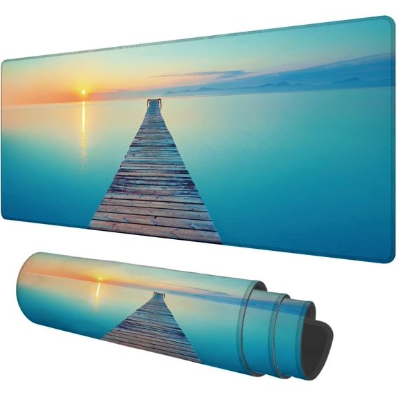 Footbridge Sea Beach Large Mouse Pad,Meditation Journey Sea Yoga Sunset Large XL Desk Mat Extended Waterproof Mouse Mat with Stitched Edges and Non-Slip Base for Office Gaming Home 31.5 X 11.8 Inch