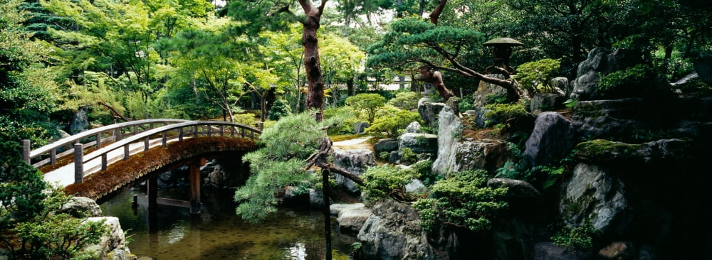Footbridge across a pond Kyoto Imperial Palace Gardens Kyoto Prefecture Japan Canvas Art - Panoramic Images (27 x 9)