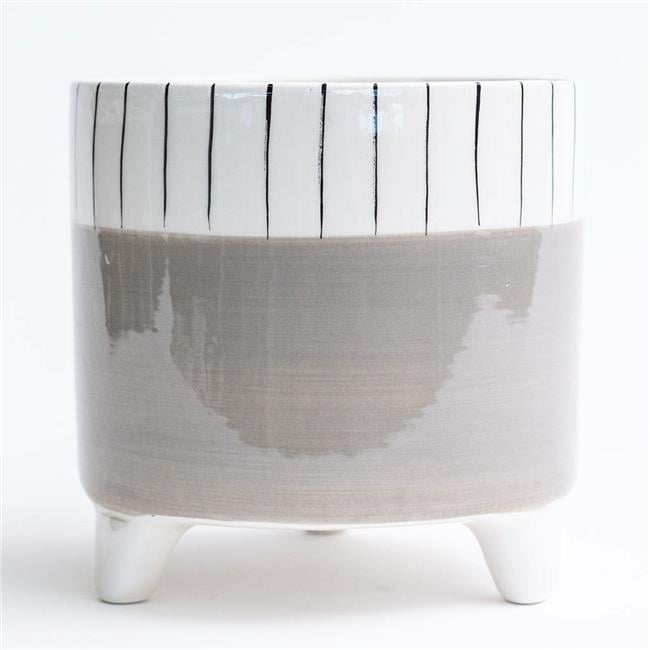Gray Ceramic Planter with White and Black Striped Rim
