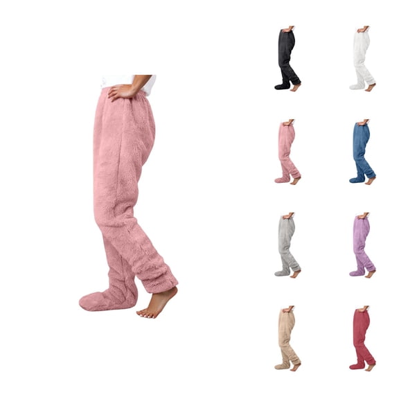 Footed Pajama Pants for Women 2026 Winter Thermal Comfort Plush Pj Pants Lounge Bottoms Sleepwear