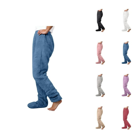 Footed Pajama Pants for Women 2026 Winter Thermal Comfort Plush Pj Pants Lounge Bottoms Sleepwear