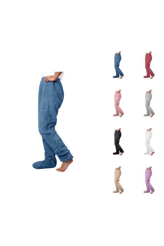 Footed Pajama Pants for Women 2026 Winter Thermal Soft Plush Pj Pants Lounge Bottoms Sleepwear
