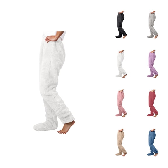 Footed Pajama Pants for Women 2026 Winter Warm Soft Fluffy Pj Pants Lounge Bottoms Sleepwear
