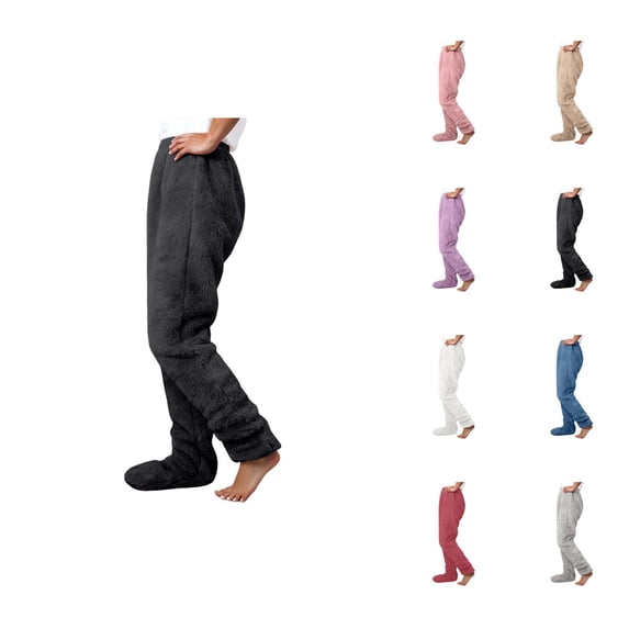 Footed Pajama Pants for Women 2026 Winter Warm Soft Fuzzy Pj Pants Lounge Bottoms Sleepwear