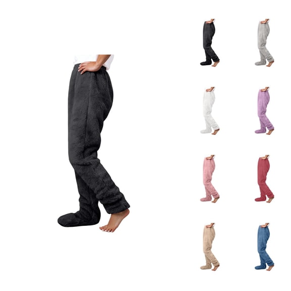 Footed Pajama Pants for Women 2026 Winter Warm Soft Fluffy Pj Pants Lounge Bottoms Sleepwear