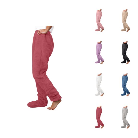 Footed Pajama Pants for Women 2026 Winter Warm Soft Fuzzy Pj Pants Lounge Bottoms Sleepwear