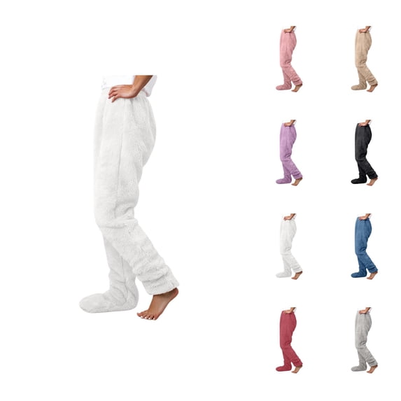 Footed Pajama Pants for Women 2026 Winter Warm Soft Fuzzy Pj Pants Lounge Bottoms Sleepwear